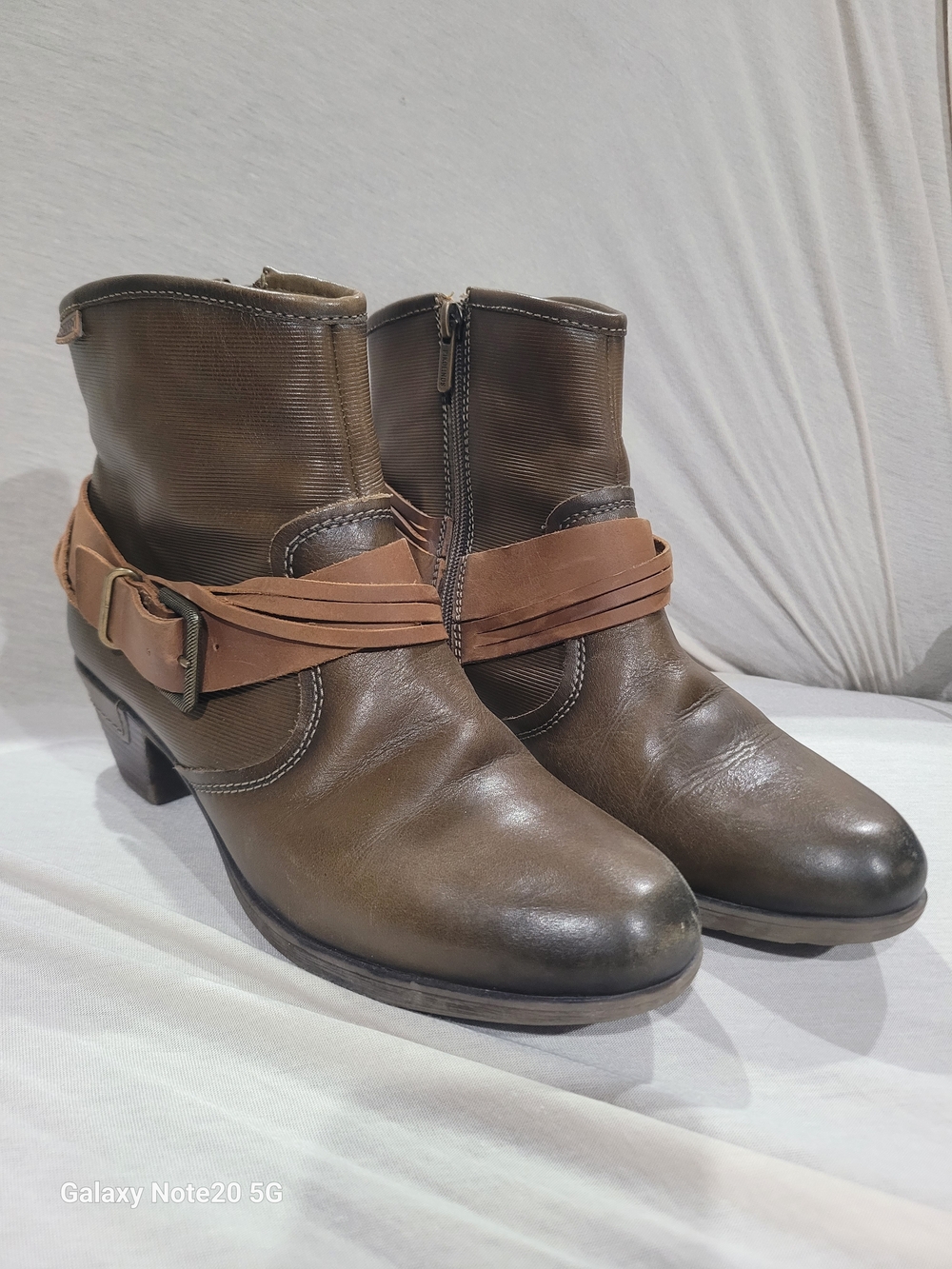 PIKOLINOS Olive Brown Leather Ankle Booties with Wrap Strap